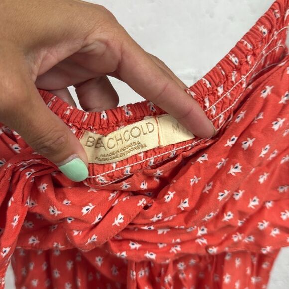 BEACHGOLD Red Floral Cute Summer Mini Dress - Size Medium Front Bow - Picture 2 of 5